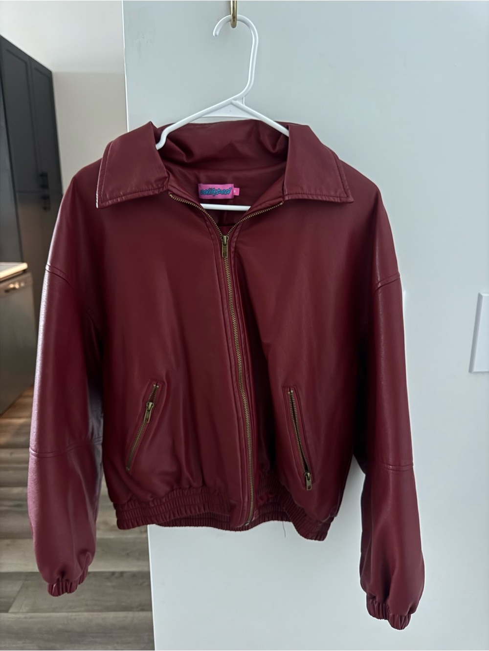 Edikted Maroon Faux Leather Bomber Jacket with Zip Pockets